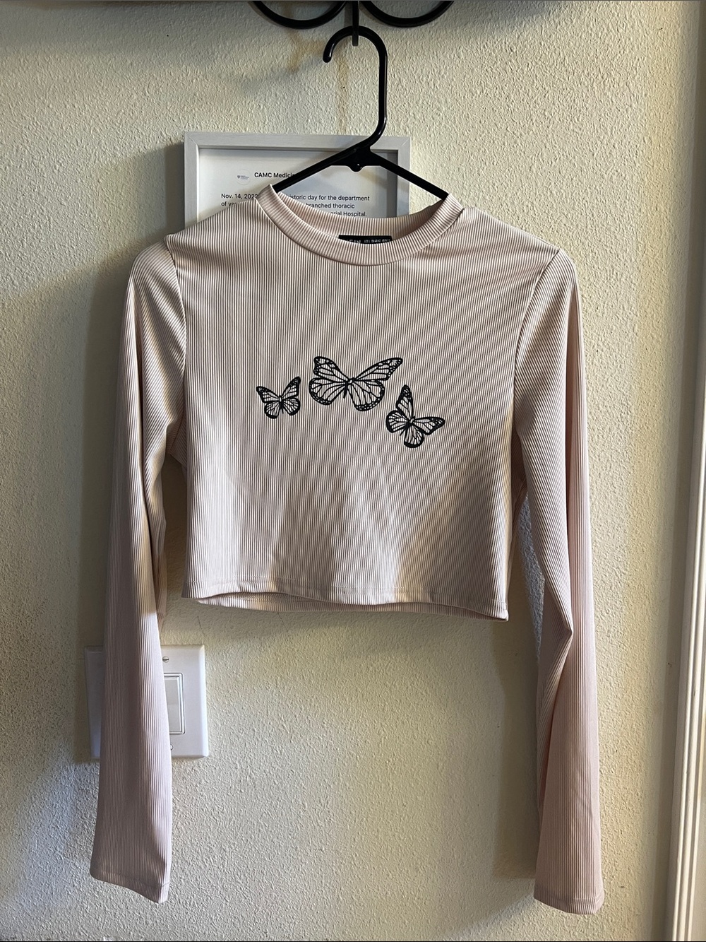 Women’s Light Pink Long Sleeve Cropped Top with Butterfly Graphic